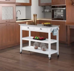 American Heritage Stainless Steel Top Kitchen Cart In White - Convenience Concepts 802240W