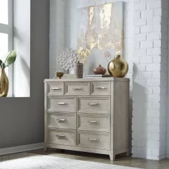 Contemporary 9 Drawer Bureau Dresser In Washed Taupe & Silver Champagne Finish - Liberty Furniture 902-BR32