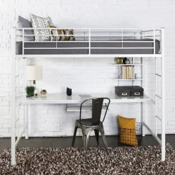 Premium Metal Twin Loft Bed W/ Workstation In White - Walker Edison BTOZWH