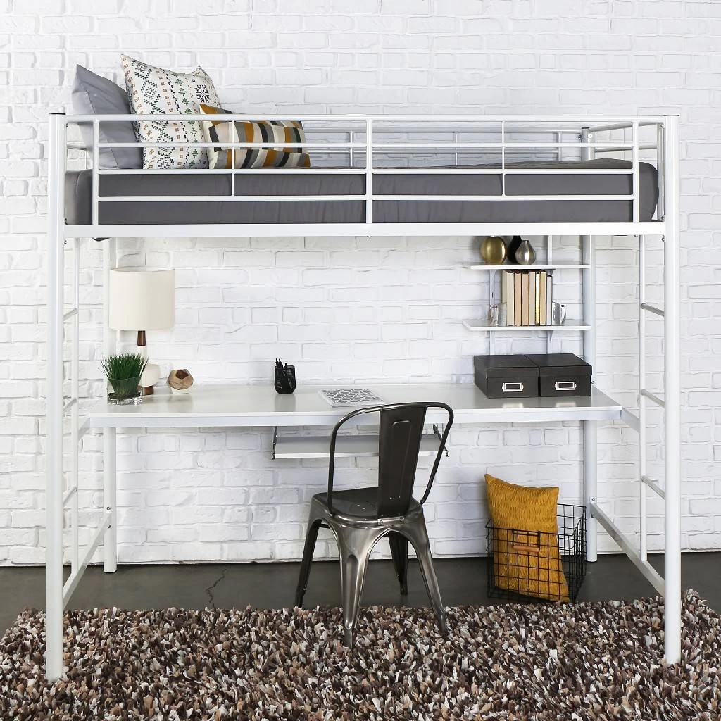 Premium Metal Twin Loft Bed W/ Workstation In White - Walker Edison BTOZWH 1 Premium Metal Twin Loft Bed W/ Workstation In White - Walker Edison BTOZWH