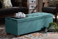 Baxton Studio Roanoke Modern Teal Blue Velvet Fabric Grid-Tufted Storage Ottoman Bench - Wholesale Interiors BBT3101-Teal Velvet/Walnut-Otto -Home Haven Deals 95 bbt3101 tealvelvet walnut otto 9