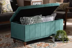 Baxton Studio Kaylee Modern Teal Blue Velvet Fabric Button-Tufted Storage Ottoman Bench - Wholesale Interiors BBT3137-Teal Velvet/Walnut-Otto -Home Haven Deals 95 bbt3137 tealvelvet walnut otto 10