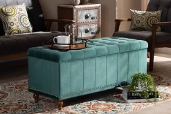 Baxton Studio Kaylee Modern Teal Blue Velvet Fabric Button-Tufted Storage Ottoman Bench - Wholesale Interiors BBT3137-Teal Velvet/Walnut-Otto