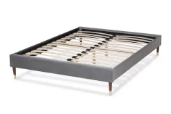 Baxton Studio Volden Glam & Luxe Charcoal Velvet Fabric Full Size Wood Platform Bed Frame W/ Gold-Tone Leg Tips- BBT6598A1-Dark Grey-Full -Home Haven Deals 95 bbt6598a1 darkgrey full 3