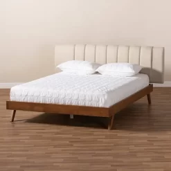 Baxton Studio Brita Mid-Century Modern Light Beige Fabric Walnut Finished Wood Queen Size Bed - BBT6808-Light Beige/Walnut-Queen -Home Haven Deals 95 bbt6808 light beige walnut queen 7