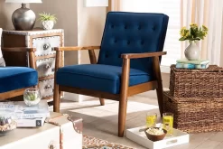Baxton Studio Sorrento Mid-century Modern Navy Blue Velvet Fabric Walnut Finished Wooden Lounge Chair - Wholesale Interiors BBT8013-Navy Velvet/Walnut-CC