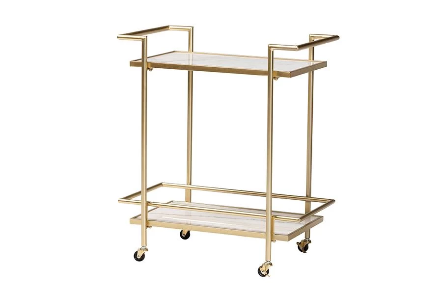 Baxton Studio Louise Contemporary Glam And Luxe Gold Metal And White Marble 2-Tier Wine Cart - Wholesale Interiors H01-98877-Gold/White Marble-Cart 2 Baxton Studio Louise Contemporary Glam And Luxe Gold Metal And White Marble 2-Tier Wine Cart - Wholesale Interiors H01-98877-Gold/White Marble-Cart - Image 2