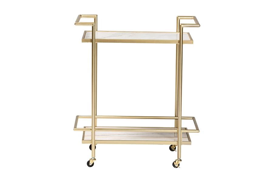 Baxton Studio Louise Contemporary Glam And Luxe Gold Metal And White Marble 2-Tier Wine Cart - Wholesale Interiors H01-98877-Gold/White Marble-Cart 3 Baxton Studio Louise Contemporary Glam And Luxe Gold Metal And White Marble 2-Tier Wine Cart - Wholesale Interiors H01-98877-Gold/White Marble-Cart - Image 3