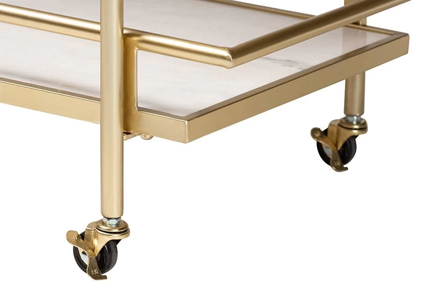 Baxton Studio Louise Contemporary Glam And Luxe Gold Metal And White Marble 2-Tier Wine Cart - Wholesale Interiors H01-98877-Gold/White Marble-Cart 6 Baxton Studio Louise Contemporary Glam And Luxe Gold Metal And White Marble 2-Tier Wine Cart - Wholesale Interiors H01-98877-Gold/White Marble-Cart - Image 6