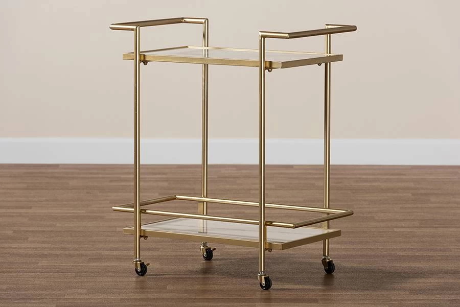 Baxton Studio Louise Contemporary Glam And Luxe Gold Metal And White Marble 2-Tier Wine Cart - Wholesale Interiors H01-98877-Gold/White Marble-Cart 8 Baxton Studio Louise Contemporary Glam And Luxe Gold Metal And White Marble 2-Tier Wine Cart - Wholesale Interiors H01-98877-Gold/White Marble-Cart - Image 8