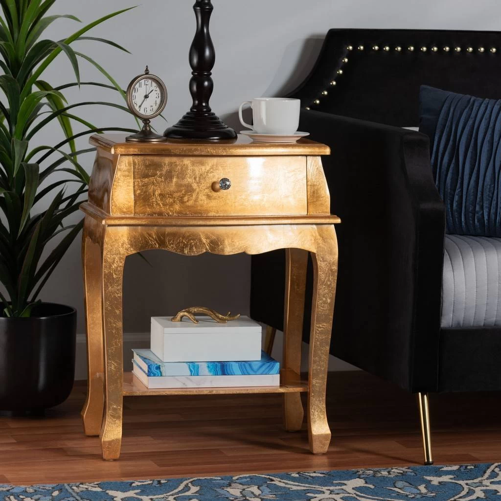 Baxton Studio Harriet Classic And Traditional Gold Finished Wood 1-Drawer Nightstand - Wholesale Interiors JY17A013-Gold-NS 1 Baxton Studio Harriet Classic And Traditional Gold Finished Wood 1-Drawer Nightstand - Wholesale Interiors JY17A013-Gold-NS