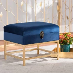 Baxton Studio Aliana Glam & Luxe Navy Blue Velvet Fabric & Gold Finished Metal Small Storage Ottoman - Wholesale Interiors JY19B-051S-Navy Blue Velvet/Gold-Otto -Home Haven Deals 95 jy19b 051s navybluevelvet gold otto 6