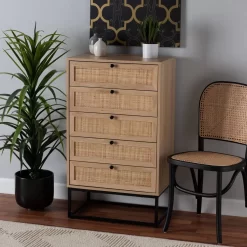 Baxton Studio Amelia Mid-Century Modern Transitional Natural Brown Finished Wood And Natural Rattan 5-Drawer Storage Cabinet - Wholesale Interiors LCF20005-Rattan/Metal-5DW-Cabinet