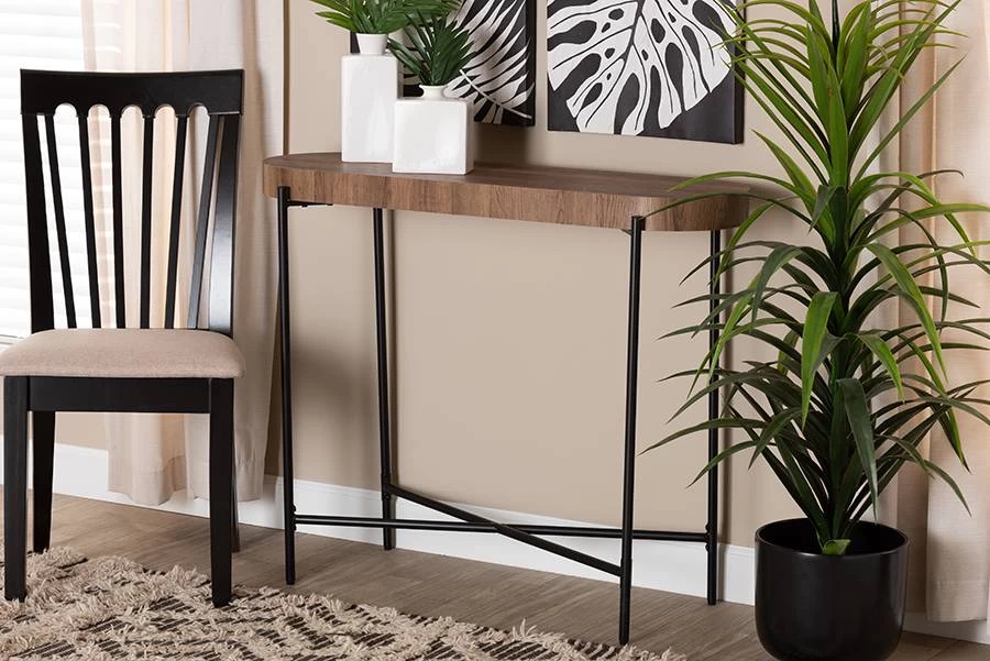 Baxton Studio Savion Modern Industrial Walnut Brown Finished Wood And Black Metal Console Table - Wholesale Interiors LCF20448-Console Table 1 Baxton Studio Savion Modern Industrial Walnut Brown Finished Wood And Black Metal Console Table - Wholesale Interiors LCF20448-Console Table