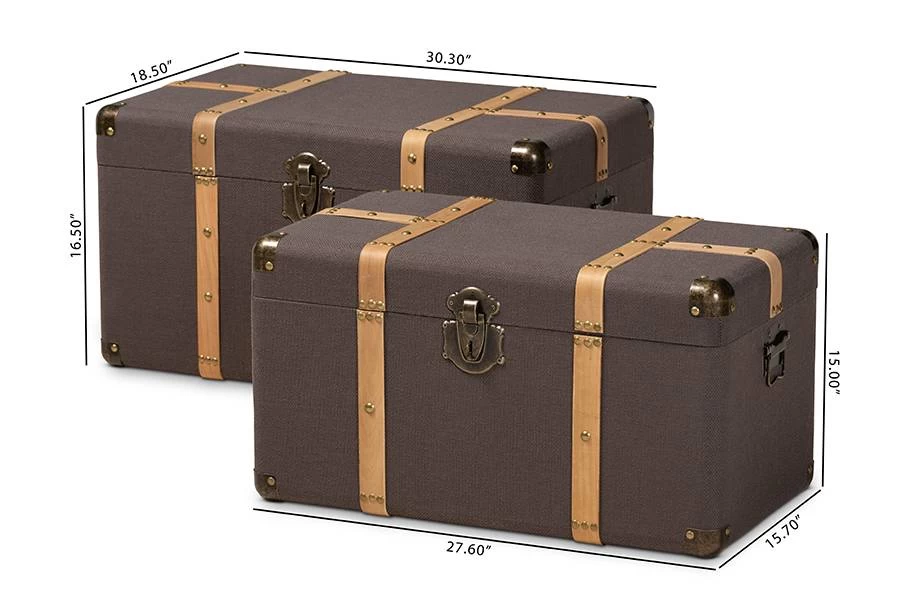 Baxton Studio Stephen Modern Transitional Dark Brown Fabric & Oak Brown Finished 2-PC Storage Trunk Set - Wholesale Interiors R87R537-2PC Trunk Set 9 Baxton Studio Stephen Modern Transitional Dark Brown Fabric & Oak Brown Finished 2-PC Storage Trunk Set - Wholesale Interiors R87R537-2PC Trunk Set - Image 9
