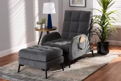 Baxton Studio Belden Modern And Contemporary Grey Velvet Fabric Upholstered And Black Metal 2-Piece Recliner Chair And Ottoman Set - Wholesale Interiors T-3-Velvet Grey-Chair/Footstool Set