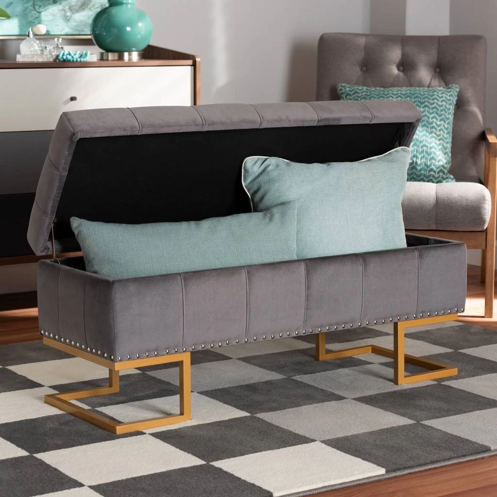 Baxton Studio Ellery Luxe & Glam Grey Velvet Fabric & Gold Finished Metal Storage Ottoman - Wholesale Interiors WS-14115-Grey Velvet/Gold-Otto 10 Baxton Studio Ellery Luxe & Glam Grey Velvet Fabric & Gold Finished Metal Storage Ottoman - Wholesale Interiors WS-14115-Grey Velvet/Gold-Otto - Image 10