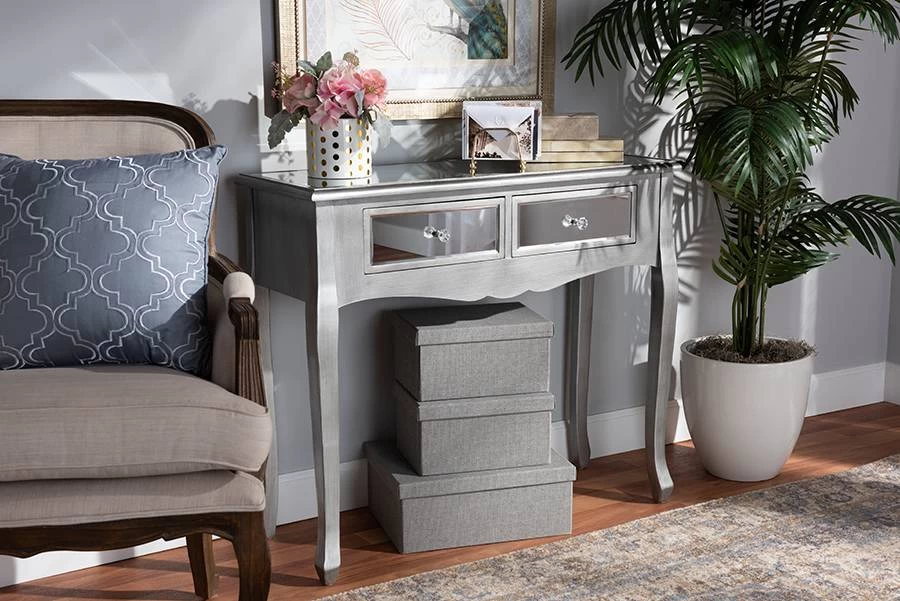 Baxton Studio Leonie Modern Transitional French Brushed Silver Finished Wood And Mirrored Glass 2-Drawer Console Table - YA2-Silver-Console 1 Baxton Studio Leonie Modern Transitional French Brushed Silver Finished Wood And Mirrored Glass 2-Drawer Console Table - YA2-Silver-Console