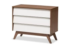 Baxton Studio Hildon Mid-Century Modern White And Walnut Wood 3-Drawer Storage Chest