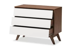 Baxton Studio Hildon Mid-Century Modern White And Walnut Wood 3-Drawer Storage Chest -Home Haven Deals httpsp11.secure.hostingprod.comsite.totallyfurniture.comssllibpicturesextralargeviewwi hildon 3dw walnut white chest 2