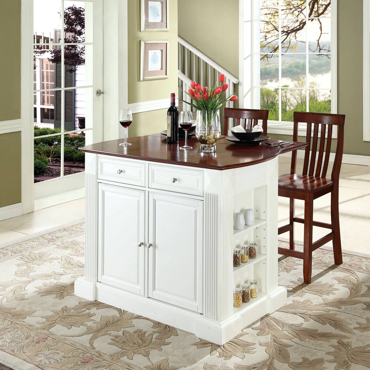 Coventry Drop Leaf Top Kitchen Island W/School House Stools White/Cherry - Kitchen Island, 2 Counter Height Bar Stools - Crosley KF300072WH 1 Coventry Drop Leaf Top Kitchen Island W/School House Stools White/Cherry - Kitchen Island, 2 Counter Height Bar Stools - Crosley KF300072WH