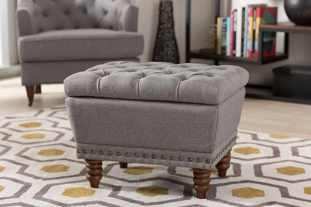 Baxton Studio Annabelle Modern & Contemporary Light Grey Fabric Upholstered Walnut Wood Finished Button-Tufted Storage Ottoman - Wholesale Interiors 217-Light Grey 1 Baxton Studio Annabelle Modern & Contemporary Light Grey Fabric Upholstered Walnut Wood Finished Button-Tufted Storage Ottoman - Wholesale Interiors 217-Light Grey