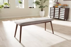 Baxton Studio Flora Mid-Century Modern Light Grey Fabric And "Oak" Medium Brown Finishing Wood Dining Bench