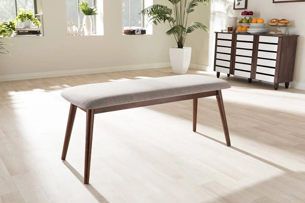 Baxton Studio Flora Mid-Century Modern Light Grey Fabric And "Oak" Medium Brown Finishing Wood Dining Bench 1 Baxton Studio Flora Mid-Century Modern Light Grey Fabric And "Oak" Medium Brown Finishing Wood Dining Bench