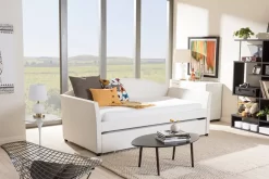 Baxton Studio London Modern And Contemporary White Faux Leather Arched Back Sofa Twin Daybed With Roll-Out Trundle Guest Bed