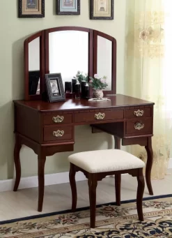 Furniture Of America Boris Traditional Vanity Table W/ Stool In Cherry - Enitial Lab IDF-DK6405CH