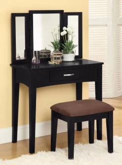 Furniture Of America Nelhs Contemporary Vanity Table W/ Padded Stool In Black - Enitial Lab IDF-DK6490BK