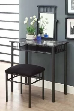 Vanity Set / Set Of 2 / Makeup Table / Organizer / Dressing Table / Bedroom / Metal / Laminate / Grey Marble Look / Black / Transitional - Monarch Specialties I 3062