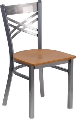 HERCULES Series Clear Coated ''X'' Back Metal Restaurant Chair In Natural Wood Seat - Flash Furniture XU-6FOB-CLR-NATW-GG