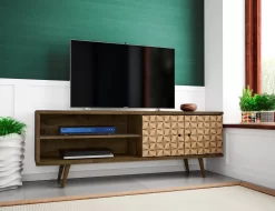 Manhattan Comfort 201AMC97 - Liberty 62.99" Mid Century Modern TV Stand W/ 3 Shelves & 2 Doors In Rustic Brown & 3D Brown Prints