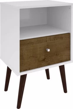 Manhattan Comfort 203AMC69 - Liberty Mid Century - Modern Nightstand 1.0 W/ 1 Cubby Space & 1 Drawer In White & Rustic Brown W/ Solid Wood Legs