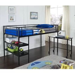Twin Loft Bed With Desk And Shelves - Black - Walker Edison BTLD46SPBL