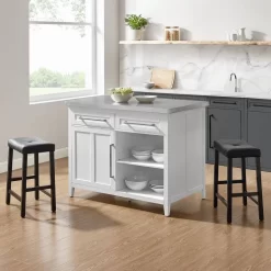 Silvia Stainless Steel Top Island W/Uph Saddle Stools White/Black - Kitchen Island & 2 Stools - Crosley KF30082WH-BK