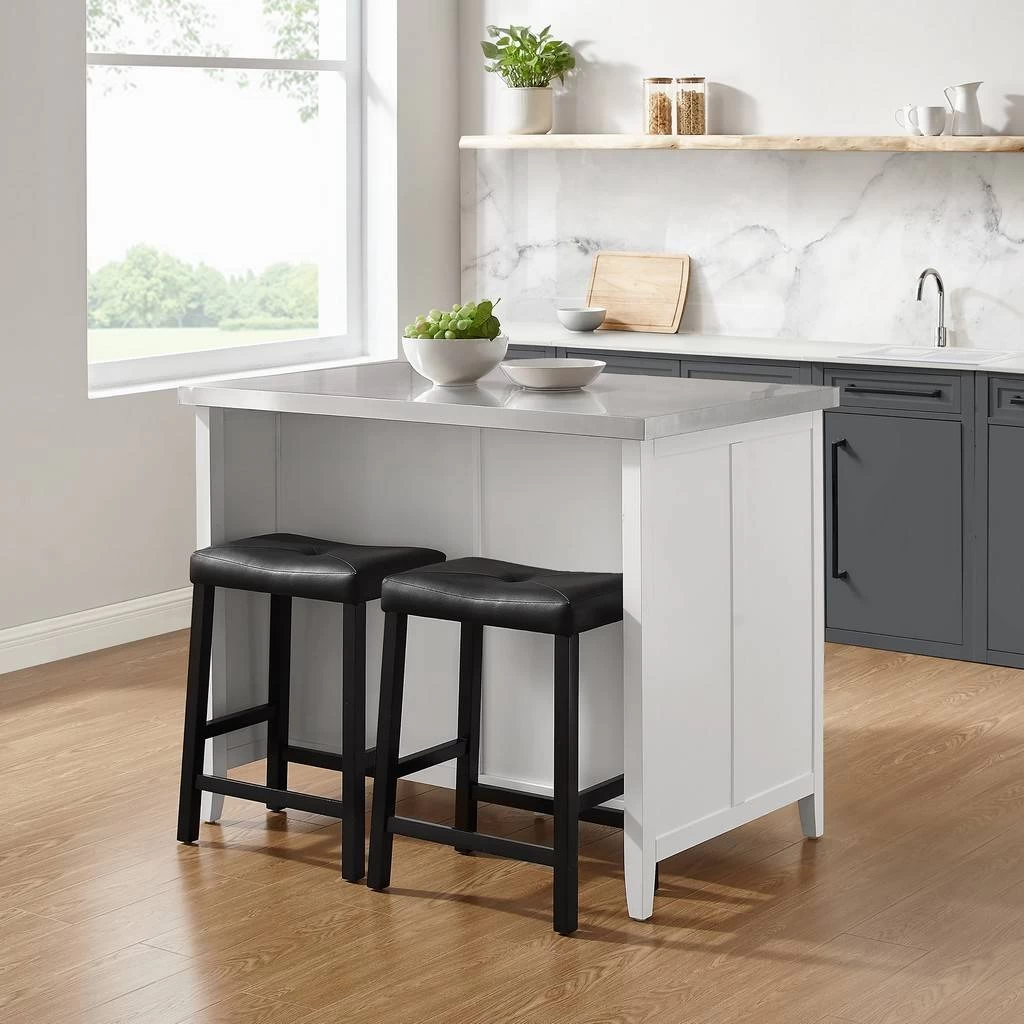 Silvia Stainless Steel Top Island W/Uph Saddle Stools White/Black - Kitchen Island & 2 Stools - Crosley KF30082WH-BK 2 Silvia Stainless Steel Top Island W/Uph Saddle Stools White/Black - Kitchen Island & 2 Stools - Crosley KF30082WH-BK - Image 2