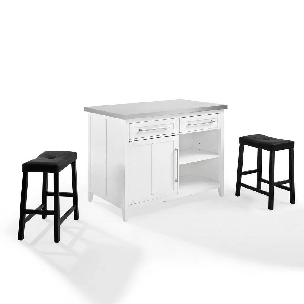 Silvia Stainless Steel Top Island W/Uph Saddle Stools White/Black - Kitchen Island & 2 Stools - Crosley KF30082WH-BK 8 Silvia Stainless Steel Top Island W/Uph Saddle Stools White/Black - Kitchen Island & 2 Stools - Crosley KF30082WH-BK - Image 8