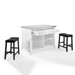 Silvia Stainless Steel Top Island W/Uph Saddle Stools White/Black - Kitchen Island & 2 Stools - Crosley KF30082WH-BK 22 Silvia Stainless Steel Top Island W/Uph Saddle Stools White/Black - Kitchen Island & 2 Stools - Crosley KF30082WH-BK -Home Haven Deals kf30082wh bk w3