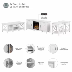 Key West Collection: Pure White Oak 60W Fireplace TV Stand With Coffee And End Tables - Bush Furniture KWS070WT -Home Haven Deals kws070wt 03