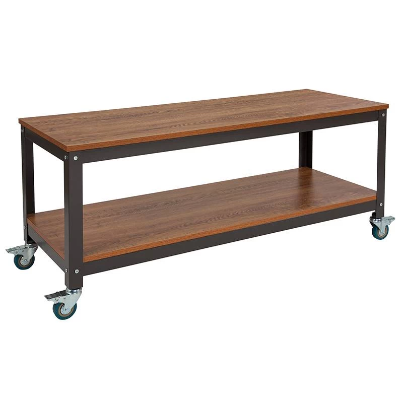 Livingston Collection TV Stand In Brown Oak Wood Grain Finish With Metal Wheels - Flash Furniture NAN-JN-2522TR-GG