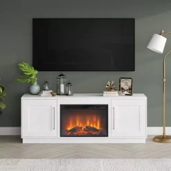 Tillman Rectangular TV Stand With Log Fireplace For TV's Up To 80" In White - Hudson & Canal TV1842