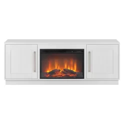 Tillman Rectangular TV Stand With Log Fireplace For TV's Up To 80" In White - Hudson & Canal TV1842 -Home Haven Deals tv1842 c