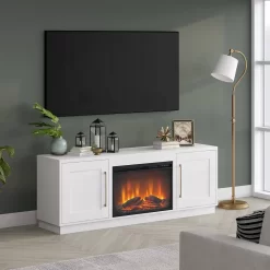 Tillman Rectangular TV Stand With Log Fireplace For TV's Up To 80" In White - Hudson & Canal TV1842 -Home Haven Deals tv1842 d
