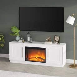 Tillman Rectangular TV Stand With Log Fireplace For TV's Up To 80" In White - Hudson & Canal TV1842 -Home Haven Deals tv1842 i