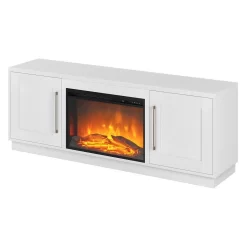 Tillman Rectangular TV Stand With Log Fireplace For TV's Up To 80" In White - Hudson & Canal TV1842 -Home Haven Deals tv1842 j
