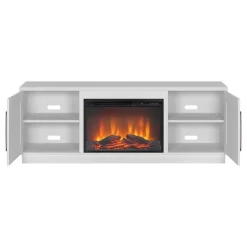 Tillman Rectangular TV Stand With Log Fireplace For TV's Up To 80" In White - Hudson & Canal TV1842 -Home Haven Deals tv1842 l