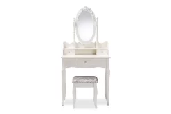 Baxton Studio Veronique Traditional French Provincial White Finished Wood 2-PC Vanity Table W/ Mirror & Ottoman - Wholesale Interiors WF18-White-Vanity -Home Haven Deals wf18 white vanity 2