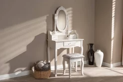 Baxton Studio Veronique Traditional French Provincial White Finished Wood 2-PC Vanity Table W/ Mirror & Ottoman - Wholesale Interiors WF18-White-Vanity -Home Haven Deals wf18 white vanity 7